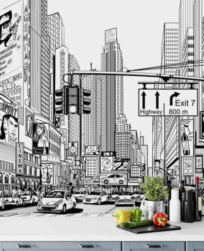 zwart-witte muurschildering in New York City genaamd Street in New York City voor woonkamers, slaapkamers en keukens zwart-witte muurschildering in New York City genaamd Street in New York City voor woonkamers, slaapkamers en keukens