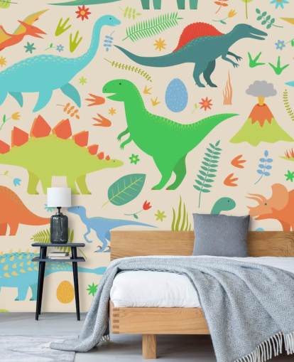 kleurrijk cartoon dinosaurussen behang kleurrijk cartoon dinosaurussen behang