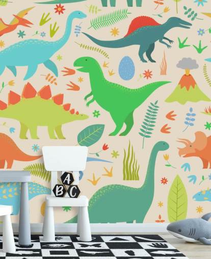 kleurrijk cartoon dinosaurussen behang kleurrijk cartoon dinosaurussen behang