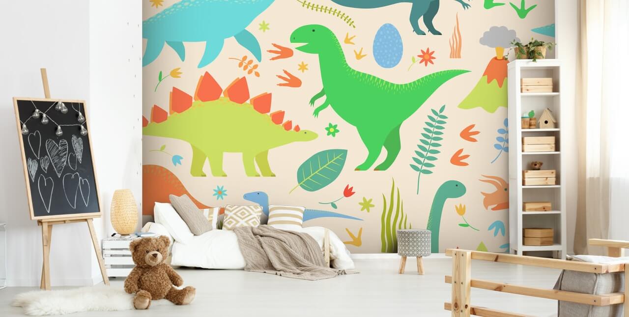 fargerike tegneserie dinosaurer tapet