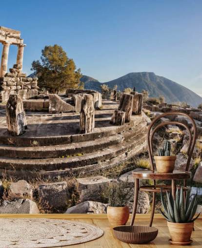 murale blu e bianco personalizzato in Grecia chiamato Il Tempio di Atena, Delfi murale blu e bianco personalizzato in Grecia chiamato Il Tempio di Atena, Delfi