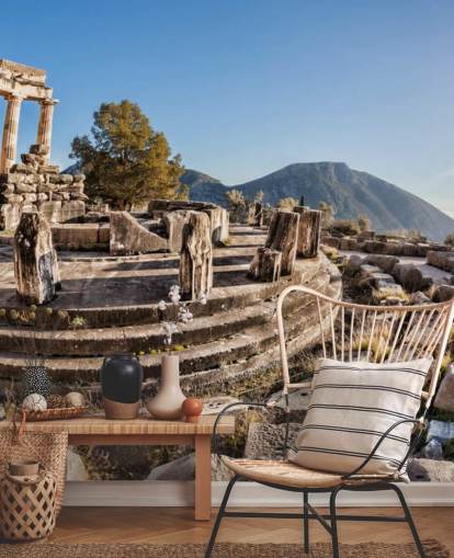 murale blu e bianco personalizzato in Grecia chiamato Il Tempio di Atena, Delfi murale blu e bianco personalizzato in Grecia chiamato Il Tempio di Atena, Delfi