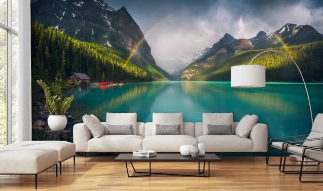 rainbow over blue lake and mountains wallpaper