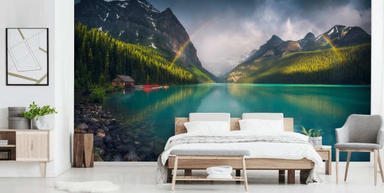 rainbow over blue lake and mountains wallpaper