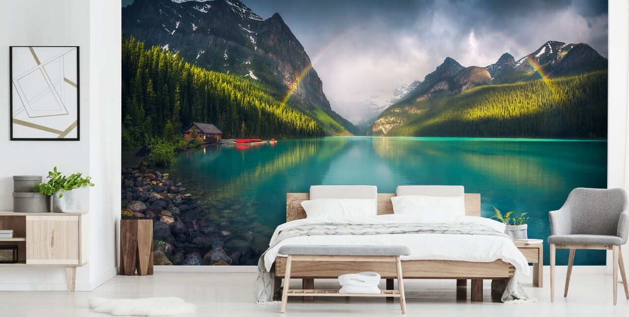 rainbow over blue lake and mountains wallpaper