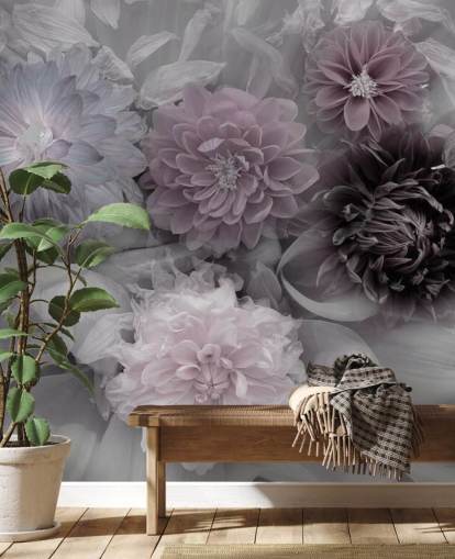 rosafarbenes und lila Blumentapetenbild namens Dahlia Dream für Schlafzimmer und Lounges rosafarbenes und lila Blumentapetenbild namens Dahlia Dream für Schlafzimmer und Lounges