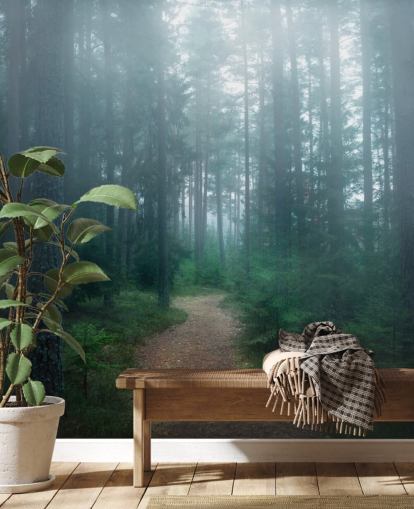 path with green trees in misty forest wallpaper path with green trees in misty forest wallpaper