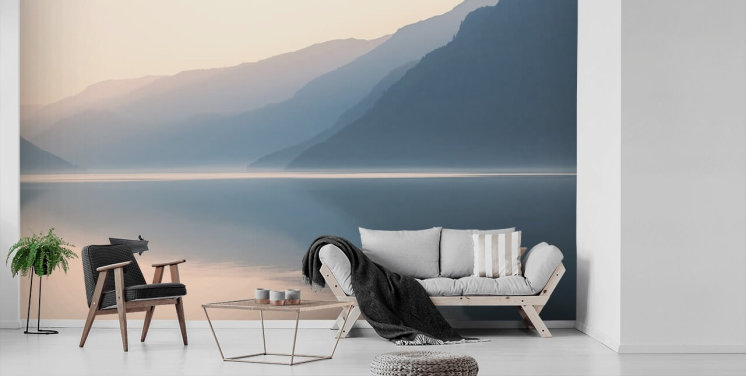 misty still lake and mountains wallpaper