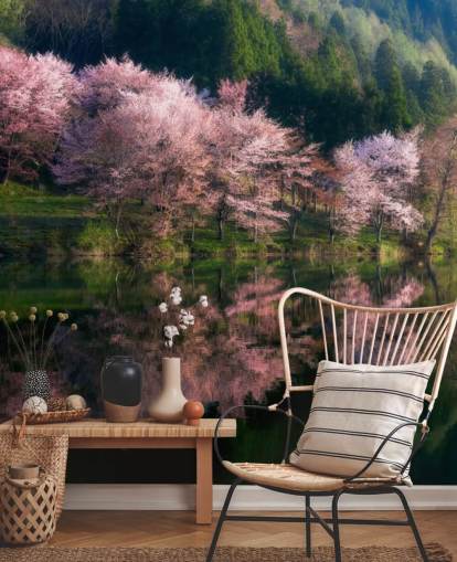 flores de cerezo rosa junto a un fondo de pantalla lago flores de cerezo rosa junto a un fondo de pantalla lago