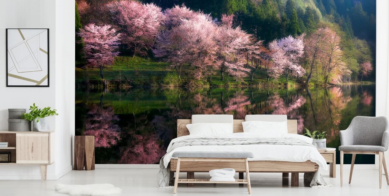 flores de cerezo rosa junto a un fondo de pantalla lago