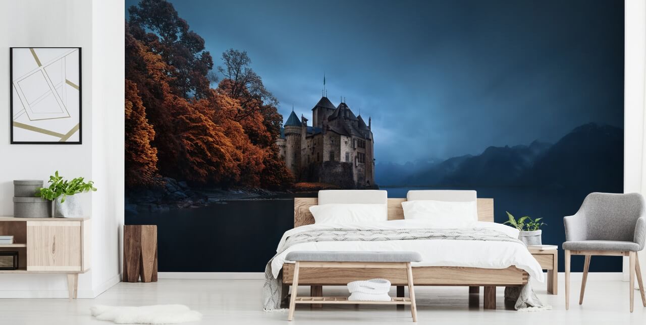 dark lake in autumn with castle wallpaper