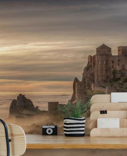 spanish castle on mountaintop above mist mountains wallpaper spanish castle on mountaintop above mist mountains wallpaper