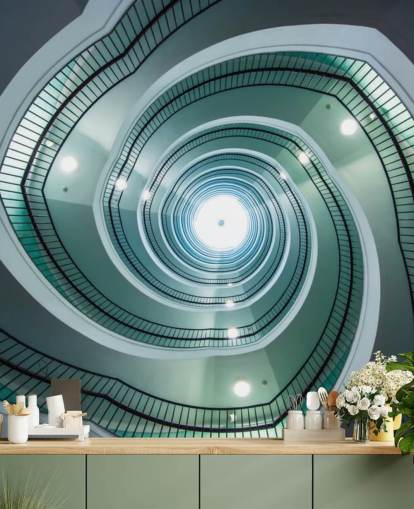 papel pintado de túnel de escalera en tono blanquecino y verde papel pintado de túnel de escalera en tono blanquecino y verde