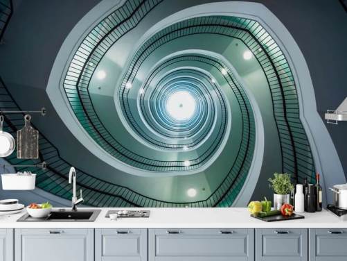 off-white and green shade stairway tunnel wallpaper