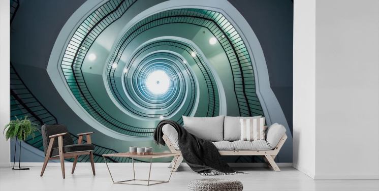 off-white and green shade stairway tunnel wallpaper