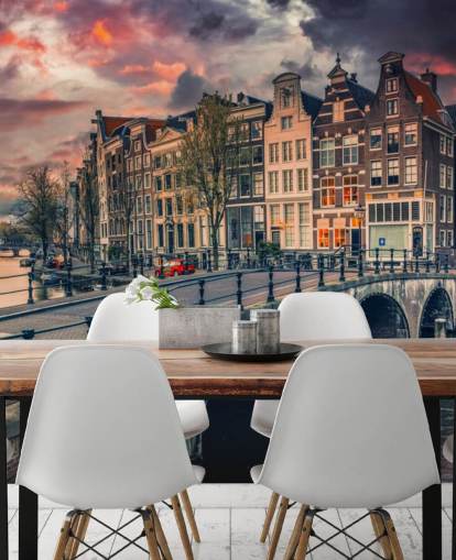 pont d'Amsterdam et maisons au coucher du soleil papier peint pont d'Amsterdam et maisons au coucher du soleil papier peint