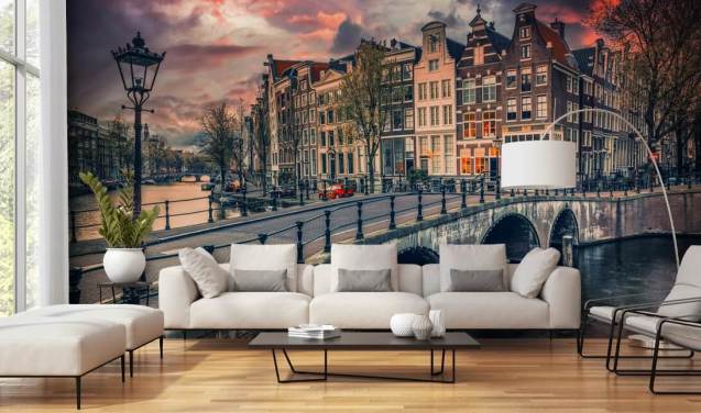 amsterdam bridge and houses at sunset wallpaper
