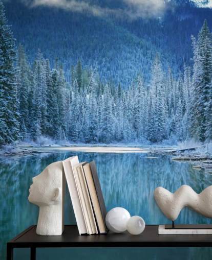 snowy forest by lake wallpaper snowy forest by lake wallpaper
