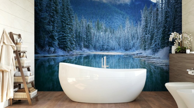 snowy forest by lake wallpaper