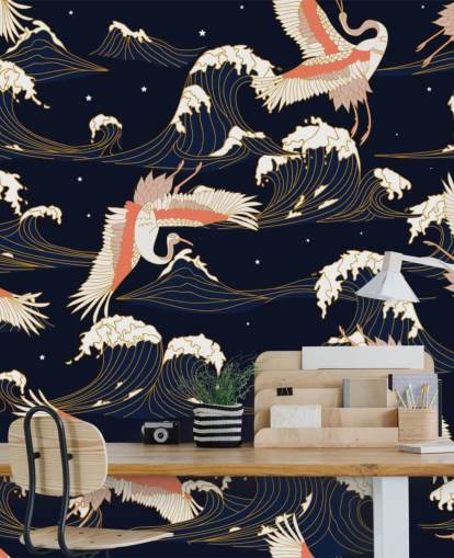 guindastes rosa e branco com papel de parede de fundo marinho escuro guindastes rosa e branco com papel de parede de fundo marinho escuro