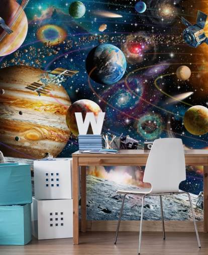 tilpassbart romtapetveggmaleri kalt Space Odyssey av Adrian Chesterman for barnets soverom tilpassbart romtapetveggmaleri kalt Space Odyssey av Adrian Chesterman for barnets soverom