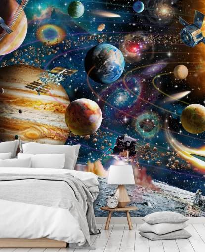 customisable space wallpaper mural called Space Odyssey by Adrian Chesterman for child's bedroom customisable space wallpaper mural called Space Odyssey by Adrian Chesterman for child's bedroom