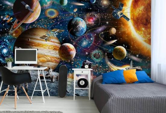tilpassbart romtapetveggmaleri kalt Space Odyssey av Adrian Chesterman for barnets soverom