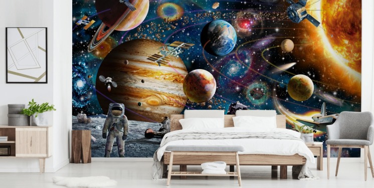 anpassningsbar rymdtapet väggmålning som heter Space Odyssey av Adrian Chesterman för barnets sovrum