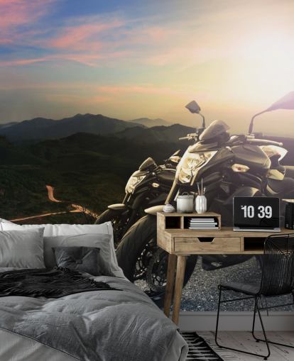 Pair of Black Motorbikes by a Gorgeous View Wallpaper Pair of Black Motorbikes by a Gorgeous View Wallpaper