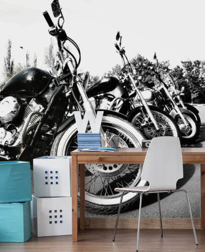 custom black and white motorcycle wall mural called Motorcycles for home offices, man caves and office spaces custom black and white motorcycle wall mural called Motorcycles for home offices, man caves and office spaces