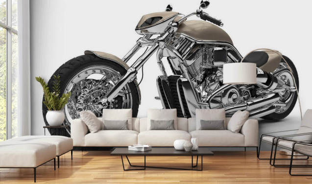 Carta da parati grigia con moto chopper su sfondo bianco