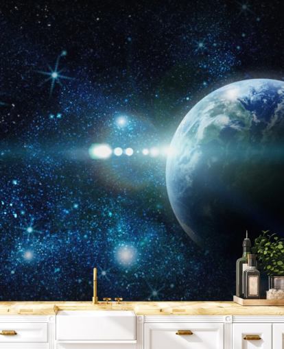 papel de parede de planeta personalizável em azul escuro e branco chamado Realistic Planet Earth in Space para quartos papel de parede de planeta personalizável em azul escuro e branco chamado Realistic Planet Earth in Space para quartos