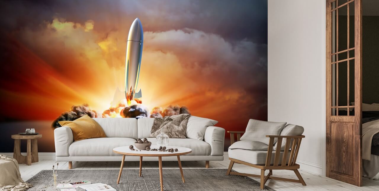 Retro Rocket Blast Off Wallpaper Wallsauce Uk