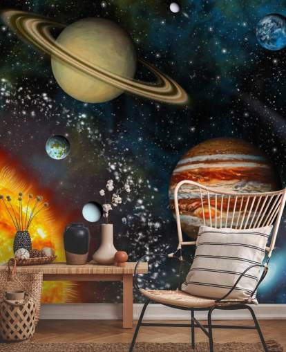 farverigt tilpasseligt rumtapetmaleri kaldet 3D Solar System til barnets soveværelse farverigt tilpasseligt rumtapetmaleri kaldet 3D Solar System til barnets soveværelse