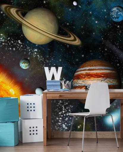colourful customisable space wallpaper mural called 3D Solar System for child's bedroom colourful customisable space wallpaper mural called 3D Solar System for child's bedroom