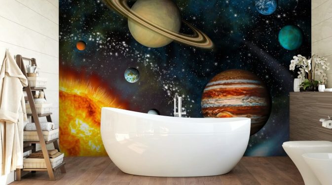 Buntes, individuell gestaltbares Weltraum-Wandbild mit dem Titel 3D Solar System für das Kinderzimmer