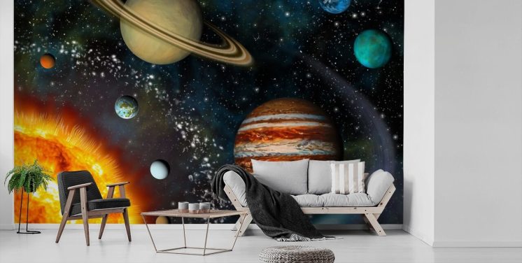 farverigt tilpasseligt rumtapetmaleri kaldet 3D Solar System til barnets soveværelse