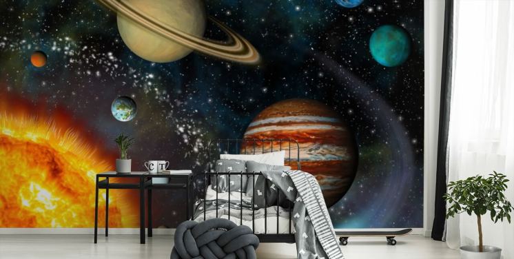 värikäs muokattava tilataustakuva seinämaalaus nimeltä 3D Solar System lapsen makuuhuoneeseen