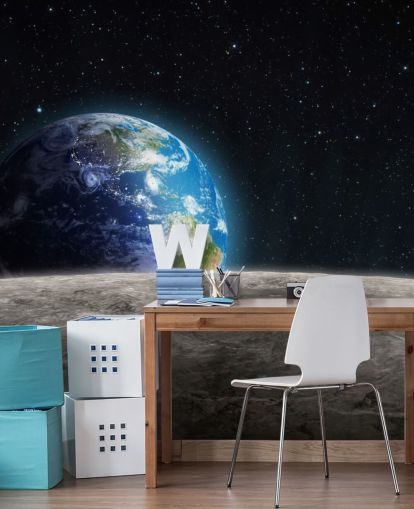 carta da parati murale scura personalizzata con terra e luna chiamata Rising Earth per camere da letto carta da parati murale scura personalizzata con terra e luna chiamata Rising Earth per camere da letto