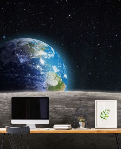 tumma mukautettu maa- ja kuun taustakuvamaalaus nimeltä Rising Earth makuuhuoneisiin tumma mukautettu maa- ja kuun taustakuvamaalaus nimeltä Rising Earth makuuhuoneisiin