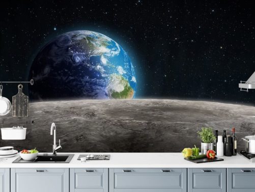 papier peint mural personnalisé foncé de la terre et de la lune appelé Rising Earth pour les chambres