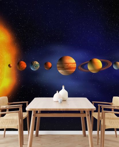 blå och orange planet tapetväggmålning kallad Solar System för barnets sovrum blå och orange planet tapetväggmålning kallad Solar System för barnets sovrum