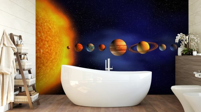 sininen ja oranssi planeetta taustakuvamaalaus nimeltä Solar System lapsen makuuhuoneeseen