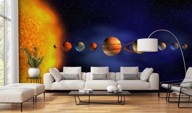 blå och orange planet tapetväggmålning kallad Solar System för barnets sovrum