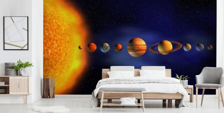Planetentapete in Blau und Orange mit dem Titel Sonnensystem für das Kinderzimmer