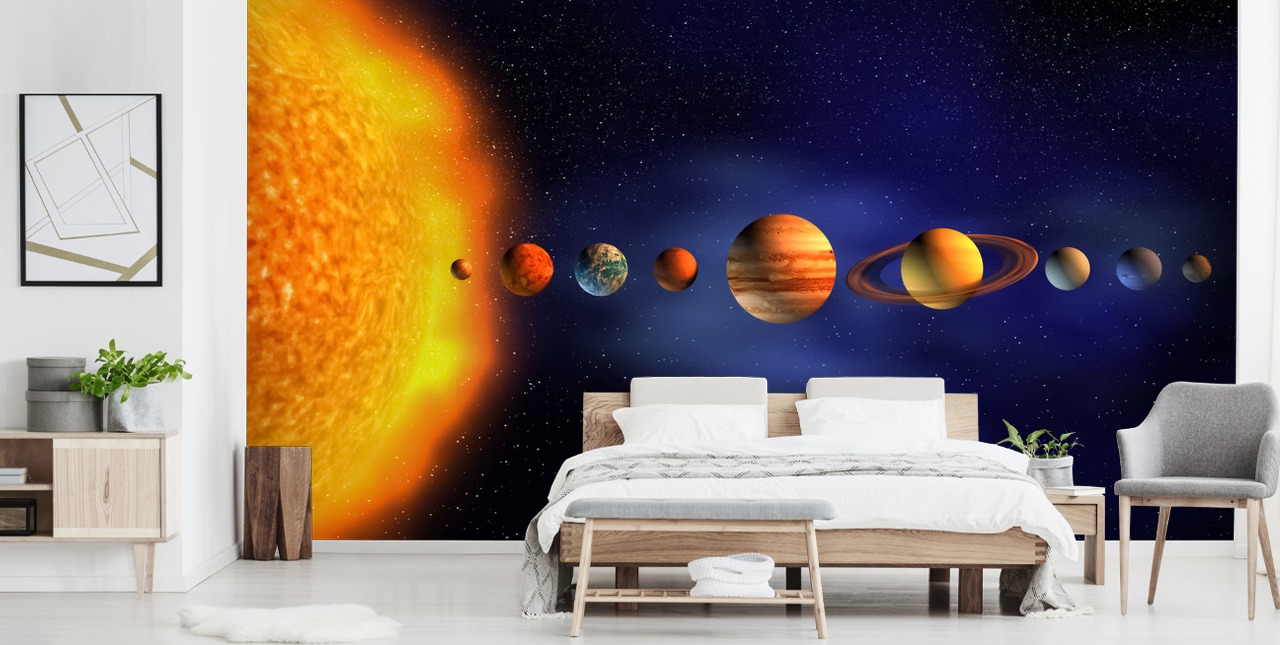 blue and orange planet wallpaper mural called Solar System for child's bedroom