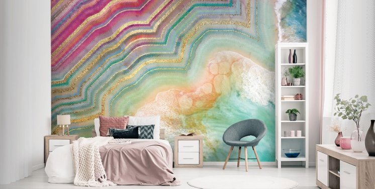 roze, perzik en turquoise geode effect behang