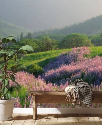 light purple and pink wild flowers in field with green hills wallpaper light purple and pink wild flowers in field with green hills wallpaper