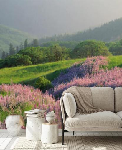 light purple and pink wild flowers in field with green hills wallpaper light purple and pink wild flowers in field with green hills wallpaper