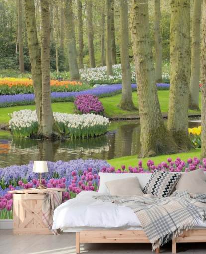 Kleurrijke tulpen park muurschildering Kleurrijke tulpen park muurschildering